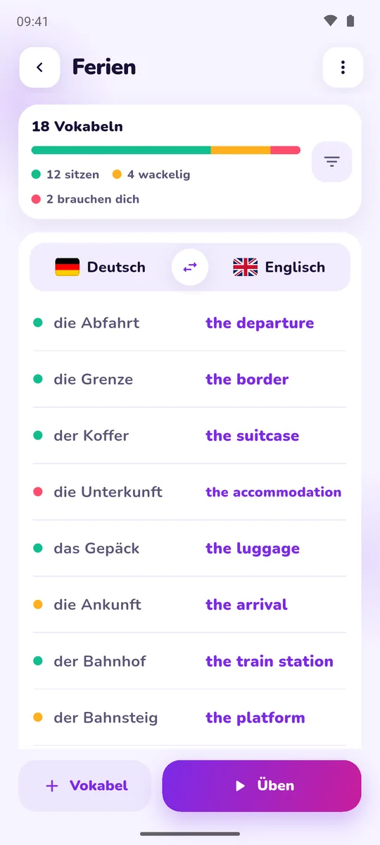 Ein Set mit seinen Vokabeln und ihrem Lernstand