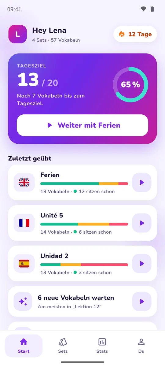 VocaCrush-Startseite mit Tagesziel, Serie und zuletzt geübten Sets