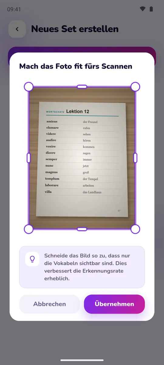 Zuschneiden einer abfotografierten Vokabelliste