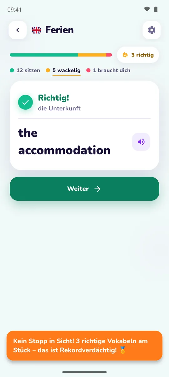 Richtig eingetippte Übersetzung