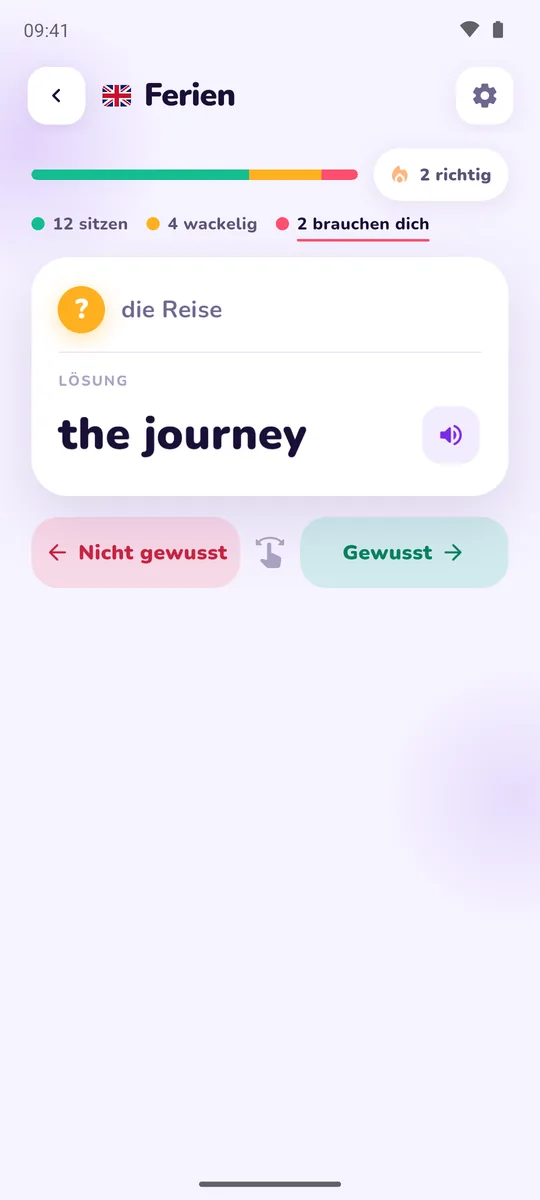 Übungskarte mit einer Vokabel und dem Lernstand des Sets
