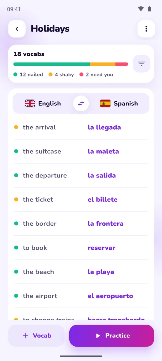 A set with its vocab and their progress