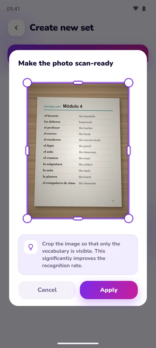 Cropping a photographed vocab list