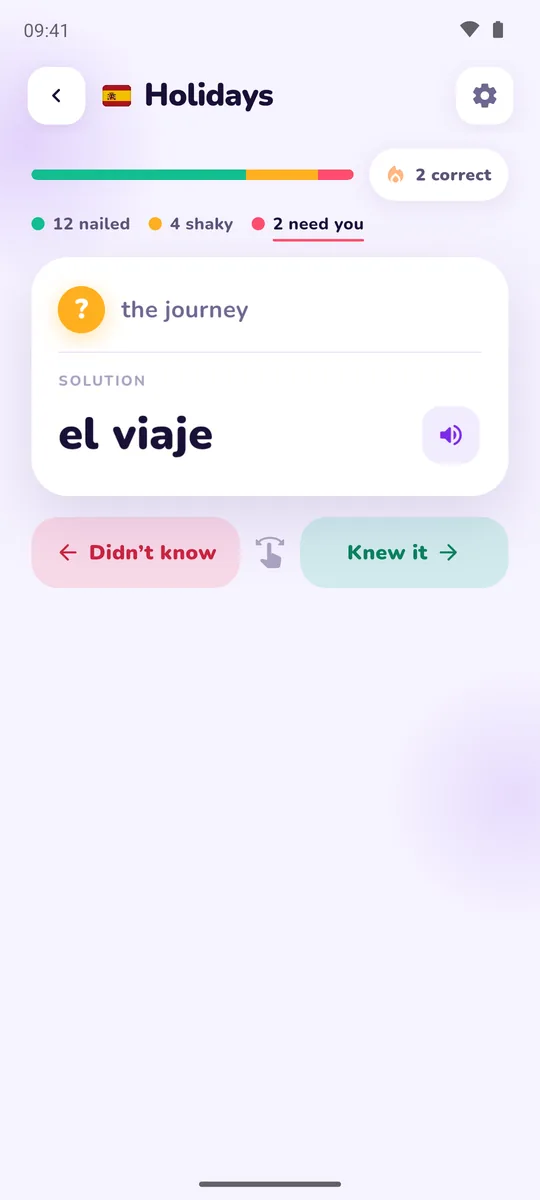 Practice card with a vocab and the set's progress