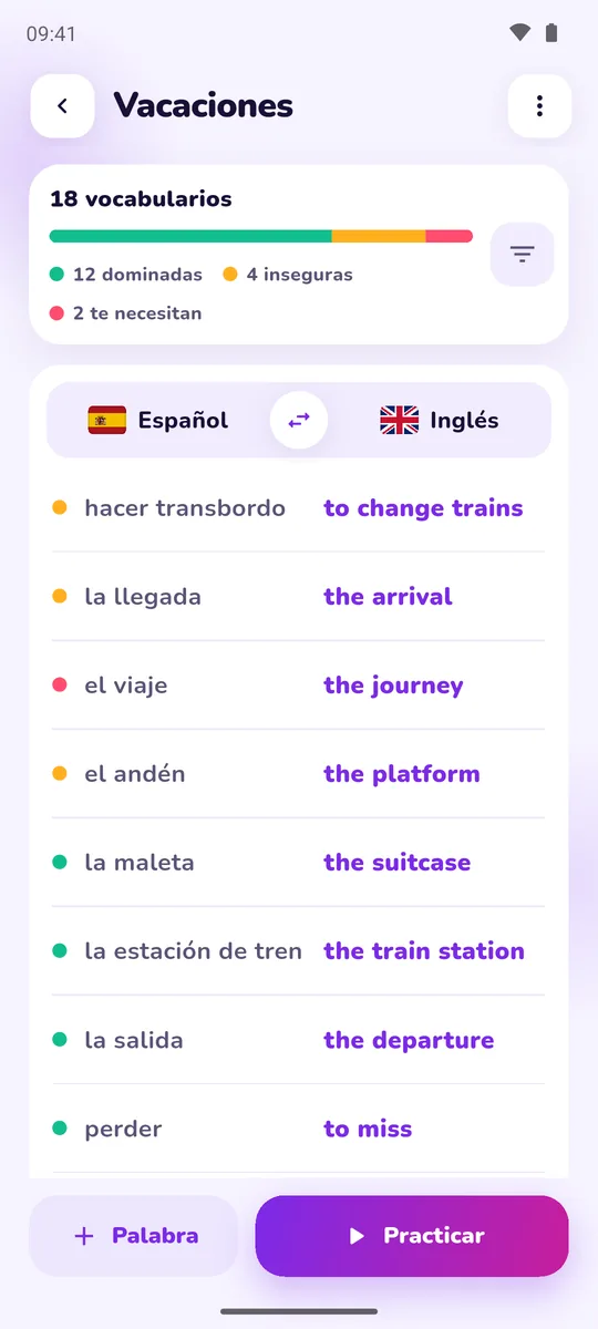 Un set con su vocabulario y su progreso