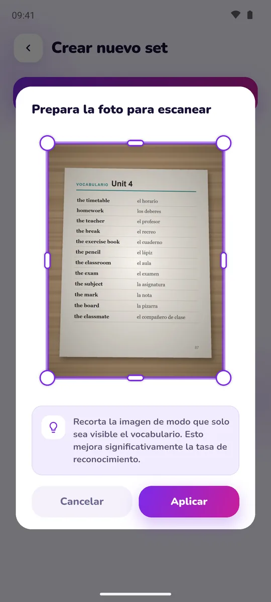 Recorte de una lista de vocabulario fotografiada