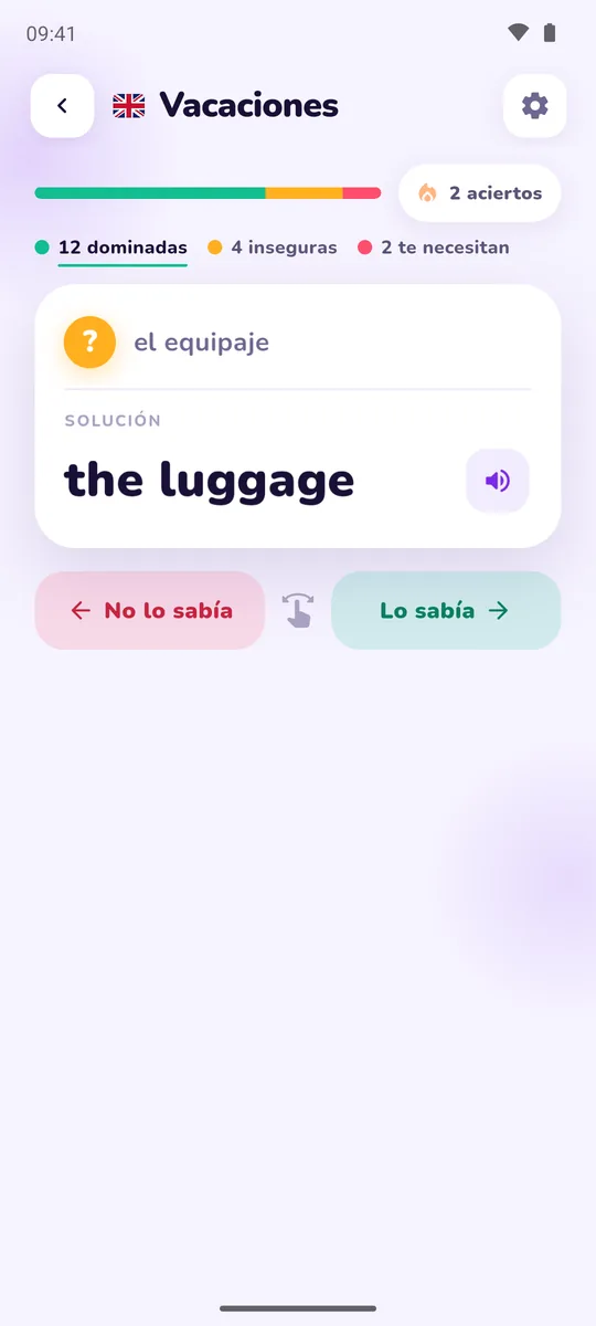 Tarjeta de práctica con una palabra y el progreso del set