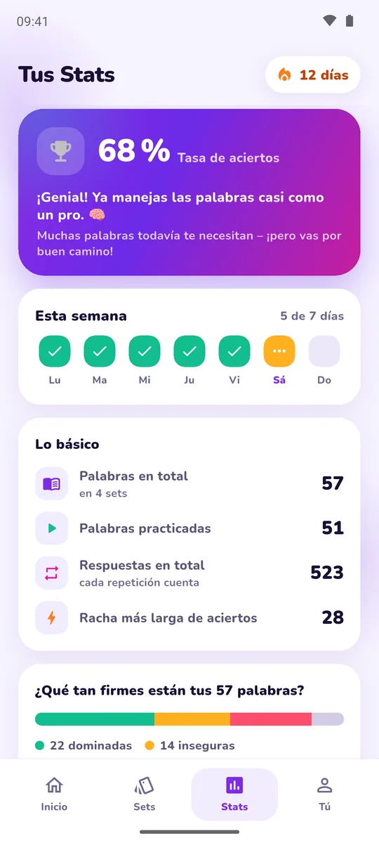 Estadísticas con tasa de aciertos y resumen semanal