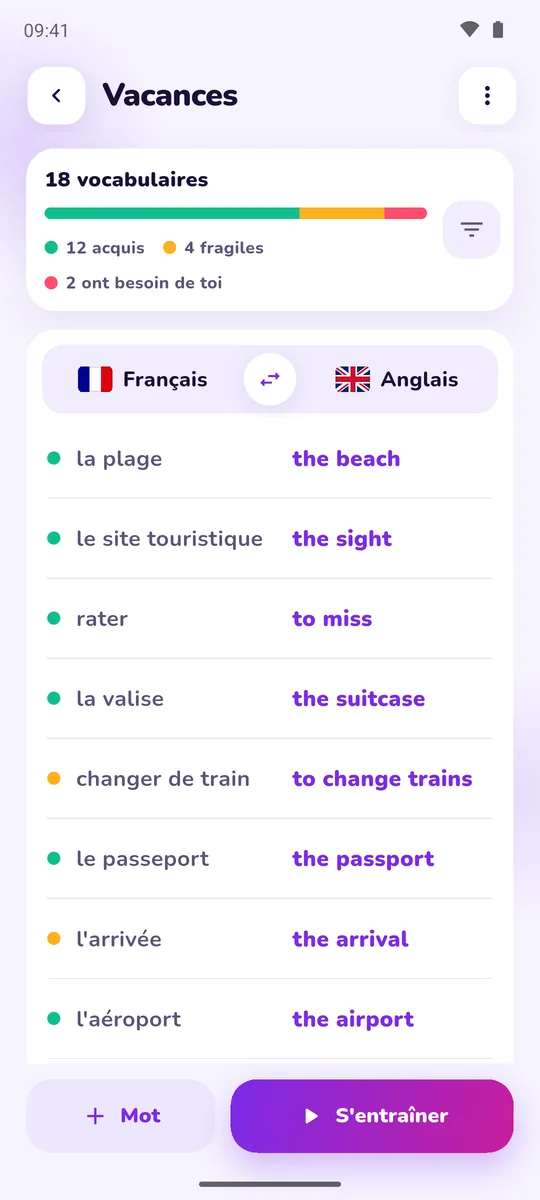 Un set avec son vocabulaire et sa progression