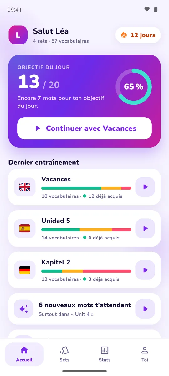 Accueil de VocaCrush avec objectif du jour, série et sets révisés récemment
