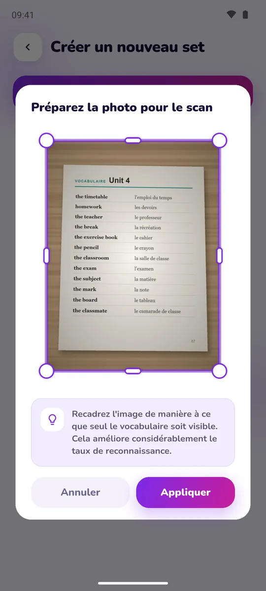 Recadrage d'une liste de vocabulaire prise en photo