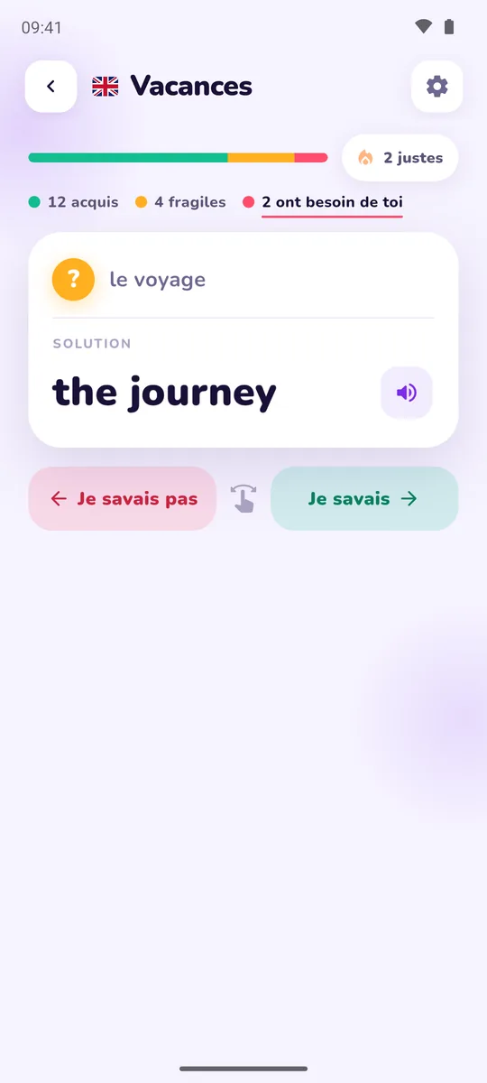 Carte de révision avec un mot et la progression du set